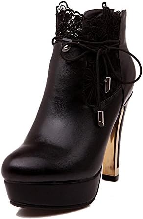 Odomolor Women's Blend Materials Solid Zipper Round Closed Toe High Heels Boots, Black, 39