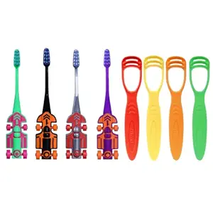 MAXI Oral Care Junior Pack of 8-(4 Kids) Zoom Car Junior Toothbrush & (4 TC) 1 Number Tongue Cleaner