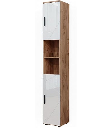 ADGO badkamer boekenkast met lange deuren 31cm x 174cm x 30cm praktische en elegante badkamerkast laminaat top zilveren beugels (wit