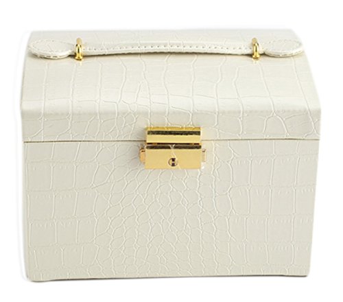 DCCN Schmuckkasten Elegant PU Leder Schmuckkoffer Schmuckschatulle Kosmetikkoffer mit 2 Schubladen Spiegel – Weiß - 2