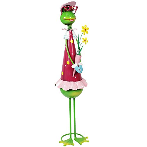 COM-FOUR® Dekofigur "große Froschdame mit Blumen", Gartenfigur aus bunt lackiertem Metall im Frosch-Design, ca. 68x16,5x16,5cm