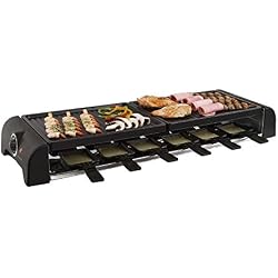 Grand appareil à raclette avec plaque grill 12 personnes 2 plaques de cuisson (12 caquelons, 1800 W, revêtement antiadhésif, grillade-party)