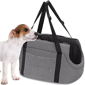 Pet Carrier Purse Tote Bag Warm Sponge Portable Travel Bag with Leash Hook for Cats Medium Dogs in Winter for Shopping Hiking Walking, Grey, Corduroy, L