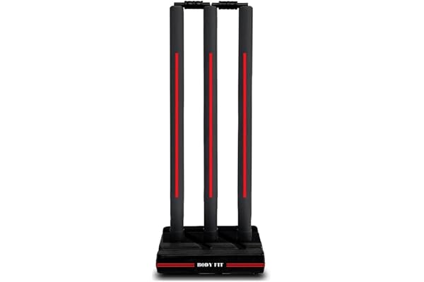Bodyfit Heavy Black Cricket Stumps Plastic Wickets Set with 3 Stumps + 2 Bails + 1 Stand Full Size Wickets for Cricket Ground, Tournament Wicket, Black-Red.