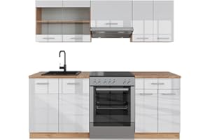 Vicco cucina componibile R-line, Bianco lucido/oro power oak, 200 cm senza piano di lavoro