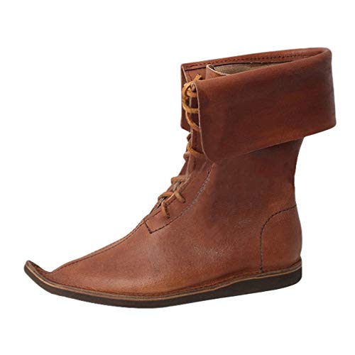 Homme Bottes Moyennes Vintage Bottes de Chevalier Lacer Bottes Plates Rétro Médiéval Bottes Courtes Doux Bottes en Cuir PU Gothique Halloween Cosplay Bottes D'Équitation