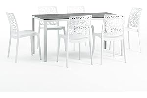 SIEDITI FUORI E DENTRO Set pranzo da giardino o esterno per 6 persone, tavolo in acciaio verniciato con doghe in polietilene effetto legno Bianco/Ardesia, 6 sedie in polipropilene con fibra di vetro Bianche - Thomas e Anna