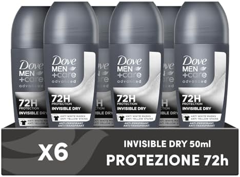 DOVE MEN + CARE Deodorante Roll On Advanced Care Invisible Dry, Antitraspirante Senza Alcol, Formula Anti Macchia, con 1/4 di Crema Idratante, Protezione Fino a 72 Ore, 6 Pezzi da 50 ml