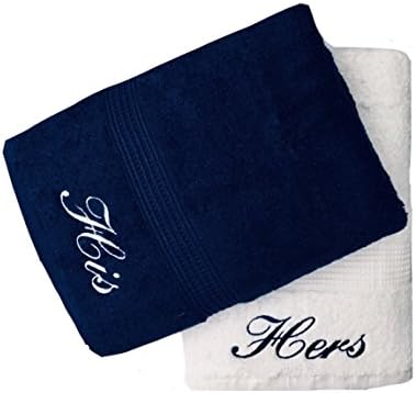 Embroidered His & Hers Navy and White Bath Towels Pair