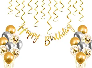 Party Propz Gold Silver Happy Birthday Decoration Kit For Boys & Girls Combo - 28Pcs Metallic Rubber Balloons, Confetti Balloon, Happy Bday Banner - Golden Theme Items For Decor