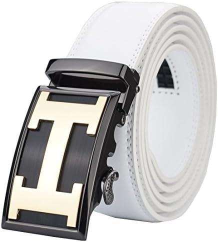 QISHI YUHUA PD Mens Casual Business Leather Belts White Ratchet Belts(117-04,S)