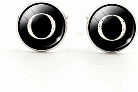Fashion Jewelry Men Cufflinks Alphabet Single Letter Black Bottom Silver Plated Wedding Party Vintage 16mm Men Cuff Link , O