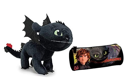 HTTYD Dragons Pack Peluche Drago Sdentato Toothless Furia Buia 11'81"/30cm + Astuccio Rotondo 8"/22cm