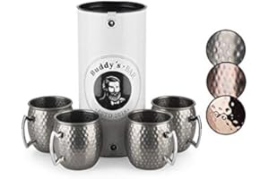 Buddy´s Bar - 4 Tazas de Mula de Moscú, 500 ml, Taza de Acero Inoxidable, Apta para Alimentos, Efecto Martillo, Vaso de cóctel Incl. Caja de Regalo, martillada, Acero Inoxidable Antiguo, 4 Unidades