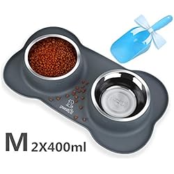 Pecute Gamelle pour Chat et Chien 28 oz/800ml Gamelle en Acier Inoxydable Base Antidérapante Anti-débordement et Anti-déversant Tapis en Silicone avec Petit Cadeau d'une Cuillère Alimentaire Bleu