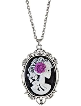 Silberner viktorianischer Skull Totenkopf Cameo Vintage Ketten-Anhänger mit Rose in Schwarz und Lila
