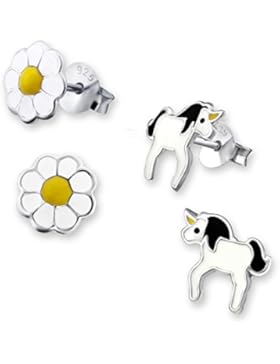 2 Paar Laimons Kids Kinder-Ohrstecker Blume und Einhorn Weiß, Schwarz, Gelb Sterling Silber 925