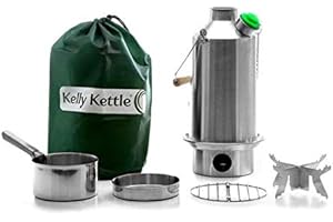 Kelly Kettle Kit de camping complet Bouilloire en acier inoxydable 1,5l/batterie de cuisine en acier/support en acier Réchaud à bois ultraléger et rapide Sans piles, sans gaz et sans carburant Idéal pour la pêche/chasse 1,62kg