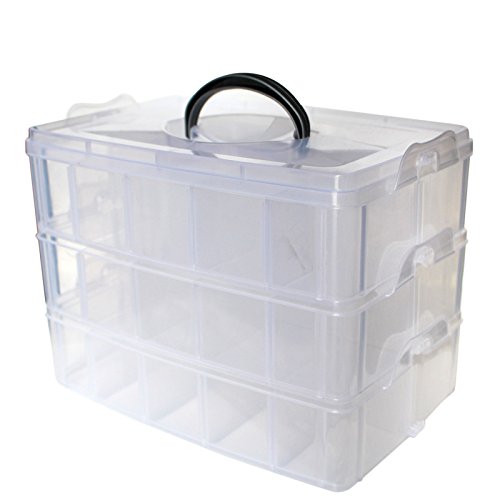 Kurtzy 3-stöckige Aufbewahrungsbox aus durchsichtigem Kunststoff, stapelbar - für die Organisation von Nähfäden, Spulen, Perlen, Beautyzubehör, Nagellack, Schmuck, Kunst- & Handwerkzubehör - 30 Fächer