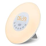 6 sonidos naturales 7 colores de luz LED: 6 sonidos naturales como piano, Twitter, olas, violín, croar, pitido. O también puede configurar su canal de radio favorito como alarma. Toque el botón de luz para elegir su color favorito, incluyendo Verde, rojo, azul, rosa, naranja e Índigo.