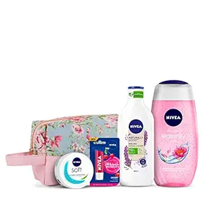 NIVEA Naturally Good, Natural Lavender Body Lotion, 200 ml, NIVEA Women Shower Gel, Waterlily & Oil Body Wash, 125 ml, Nivea Soft Cr?me 50ml and Nivea Lip Care Fruity Shine Cherry, 4.8g with Pink Floral Styling Pouch