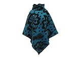 Hergestellt in Deutschland dunkle design Damen Poncho Cape Wollponcho Wolle Wollcape (Petrol Schwarz Blumen)