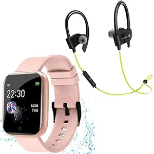 TechKing (TODAY ONLY DEAL WITH 12 YEARS WARRANTY) Waterproof Smart Watch JB20 For Men/Women/Boys/Girls and All Age Group Features Like Daily Activity Tracker, Heart Rate Sensor, Sleep Monitor And Basic Functionality With K1 Bluetooth Headset-ROSEGOLD