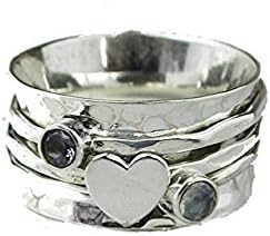 925 Solid Sterling Silver Spinning Ring.. Moonstone Lolite &amp; Heart Thumb/Finger Worry Spinner Ring Size Q