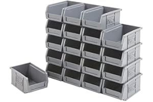 BiGDUG Plastic Parts Bins - Storage Bins For Picking - Pack of 20 - 75H x 100W x 165D mm - Stackable or Wall Mounted Storage - Grey