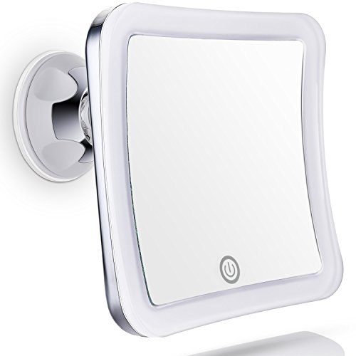 Sanheshun 7X Magnifying Lighted Travel Makeup Mirror, Touch Activated, Locking Suction Mount, Battery Operated, Square