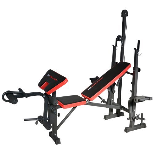 TrainHard Kraftstation Fitnesscenter Hantelbank schwarz/rot mit 1,6m Langhantelstange und 25kg Hantelscheiben - 3