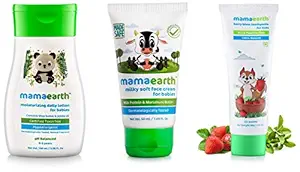 Mamaearth 100% Natural Berry Blast Kids Toothpaste 50 Gm, Fluoride Free, Sls Free, No Artificial Fla And Mamaearth Moisturizing Daily Lotion For Babies + Milky Soft Natural Baby Face Cream For Babies