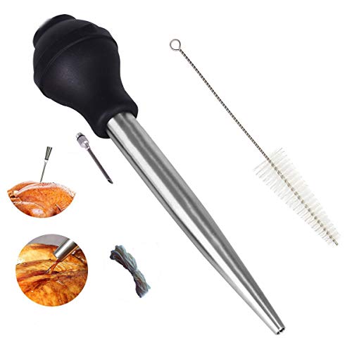18/8 acero inoxidable Turquía Baster Jeringa - Inyector aguja con cepillo de limpieza - silicona de grado alimenticio bombilla, cuerda de algodón Natural (10 m de longitud)