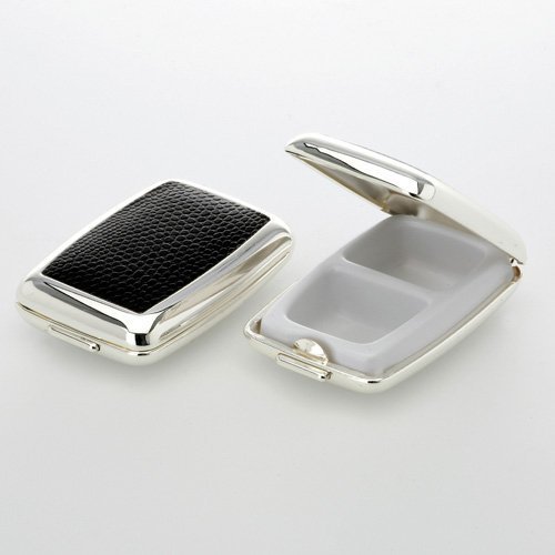 Pillendose Metall Eckig Versilbert mit schwarzem Leder Tablettendose klein