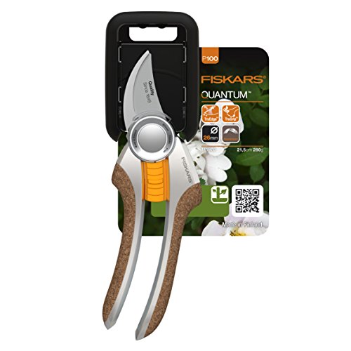 Fiskars Bypass-Gartenschere für frische Äste und Zweige, Antihaftbeschichtet, Hochwertige Stahl-Klingen, Länge 21,5 cm, Silber/Orange, Quantum, P100, 1001434 - 7