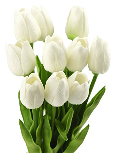 10 Stück Tulpen Gefühlsecht (Real Touch) Künstliche Blumen-Bouquet Dekoration, ideal für die Hochzeit, Braut, Party, Zuhause, Büro Dekor DIY (Weiß)