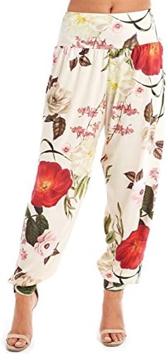 Ladies Floral Print Harem Ali Baba Cuffed Ankle Mid Rise TRS Pants Trousers Summer Paisley Pyjama Baggy Leggings (M/L (12-14), Cream Back &amp; Red Flowers)