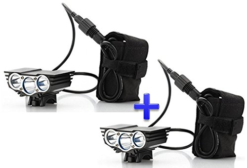 Theoutlettablet® Pack 2 Focos Luz delantera - Foco frontal para Bici 6000 lúmenes Linterna LÁMPARA TORCH frontal 3x CREE XM-L U2 LED de bicicleta /bici lámpara Luz LED frontal para manillar de bicicletas (3 focos, 6000 Lumens) con batería y cargador COLOR NEGRO
