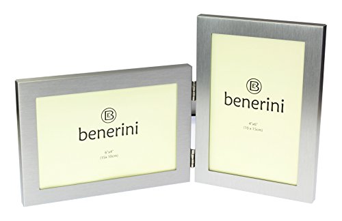 Gebürstetes Aluminium Satin Silber Farbe Twin 2 Bild Doppel Folding Foto Frame Geschenk - fotografiert 2 Standard 6 x 4 cm (1 Landschaft und 1 Portrait-Stil)