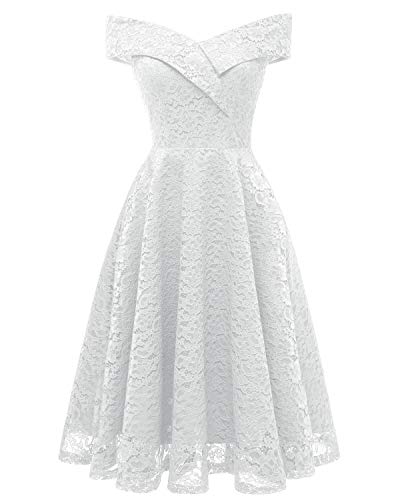 Bright Deer Robe de Mariée en Dentelle Patineuse Mi-Longue Femme Demoiselle d'honneur de Bal de Soirée Invité de Mariage Fête Grandes Occasions 40 M Blanc