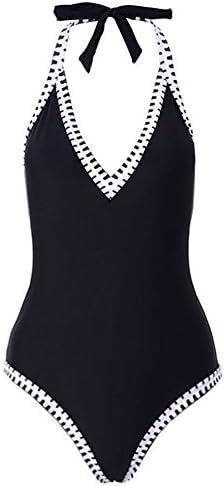 Zlove Women's Deep V-Neck One Piece Swimsuits Contrast Edged Getaway Halter Monokini Backless Swimwear (L)