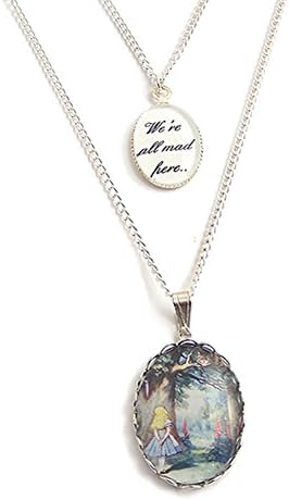 LunarraStar Women Silver Plated Oval Glass Alice in Wonderland Cheshire Cat Quote Double Stranded Charm Necklace Pendant