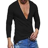 Herren Hemd Slim Fit Langarmshirt Freizeit V-Ausschnitt Langarmhemd Freizeit Business Anzug Party Hochzeit Shirt für Männer Slim Fit Grundlegende Shirt Druck Baumwolle Bluse Top (S, Schwarz)