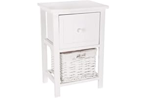 FiNeWaY Fully Assembled White Shabby Chic Bedside Cabinet Unit Table W Wicker Basket Storage Bathroom Bedroom (White)