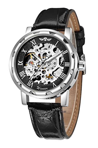 Gute Classic Reloj de Pulsera mecánico y automáticos, de Estilo Steampunk, con Estructura Plateada, Color Negro, Unisex