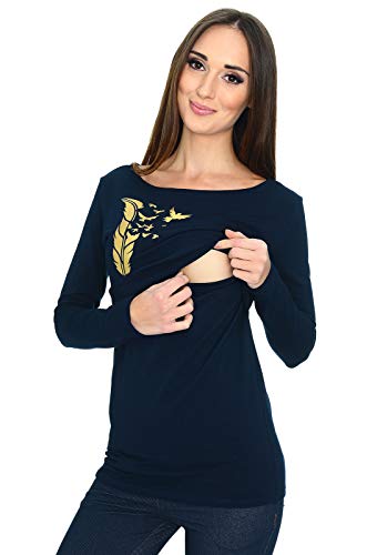 MijaCulture - 2in1 Stillshirt & Umstandsshirt/Stilltop & Umstandstop mit Blumen/Federn 9088 (EU38 / M, Dunkelblau/Gefieder)