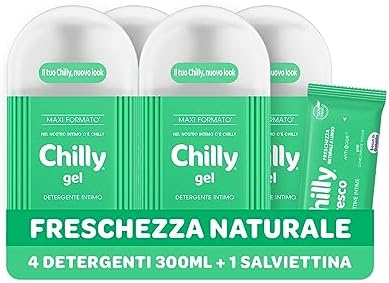 Chilly Detergente Intimo Fresco, Detergente per l'Igiene Intima con Molecola Antiodore, Formula Fresca con Mentolo Naturale, PH 5, Clinicamente Testato, Confezione da 4 Flaconi da 300 ml