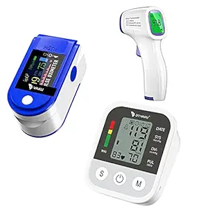 DR VAKU 3in1 Combo | 1x Fingertips Pulse Oximeter with Four Color TFT Display | 1x FDA Approved Blood Pressure Monitor | 1x Non-Contact LCD Display Infrared Digital Forehead Thermometer | Blue & White