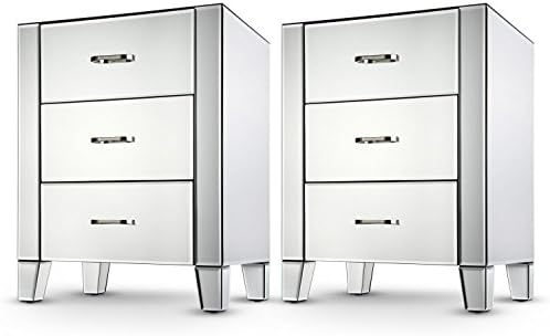 UK PLAQUE 2 Pcs Mirrored Glass Bedside Table, 3 Drawers Mirrored Decorative Nightstand, Household Console Table