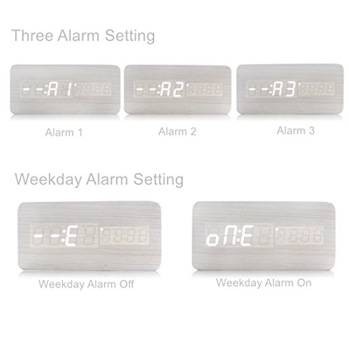 Ailiebhaus Holz-Wecker, digital, Schreibtisch-Wecker, Touch-Sound-Sensor, LED-Display, WhiteWhite, M - 4